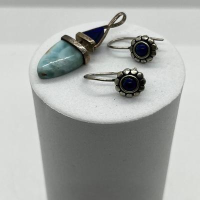 LOT 169: Vintage Sterling Silver, Larimar and Lapis Pendant and Lapis Pierced Earrings