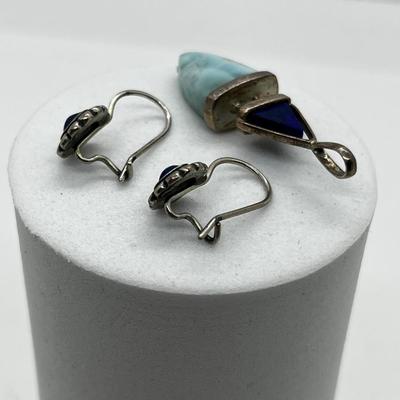 LOT 169: Vintage Sterling Silver, Larimar and Lapis Pendant and Lapis Pierced Earrings