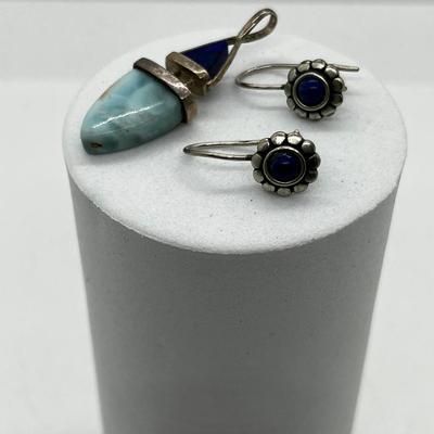 LOT 169: Vintage Sterling Silver, Larimar and Lapis Pendant and Lapis Pierced Earrings