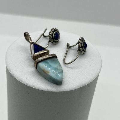 LOT 169: Vintage Sterling Silver, Larimar and Lapis Pendant and Lapis Pierced Earrings