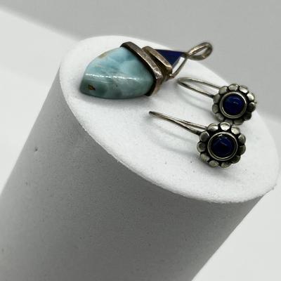 LOT 169: Vintage Sterling Silver, Larimar and Lapis Pendant and Lapis Pierced Earrings
