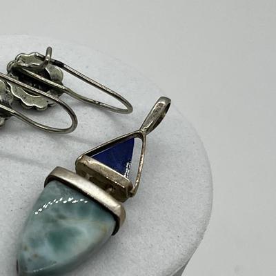 LOT 169: Vintage Sterling Silver, Larimar and Lapis Pendant and Lapis Pierced Earrings