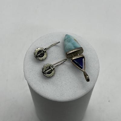 LOT 169: Vintage Sterling Silver, Larimar and Lapis Pendant and Lapis Pierced Earrings