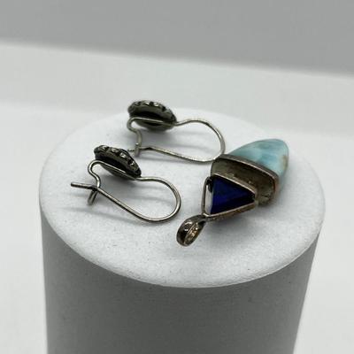 LOT 169: Vintage Sterling Silver, Larimar and Lapis Pendant and Lapis Pierced Earrings