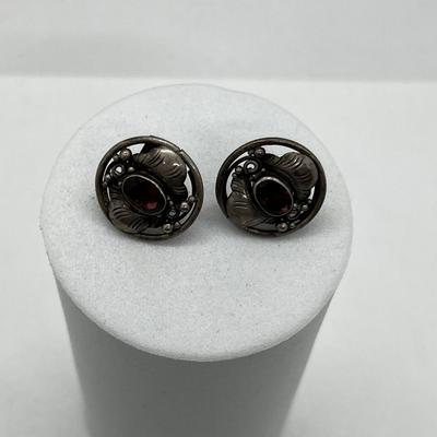 LOT 170: Vintage Sterling Silver and Garnet Art Nouveau Pierced Earrings
