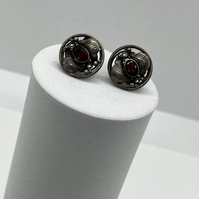 LOT 170: Vintage Sterling Silver and Garnet Art Nouveau Pierced Earrings