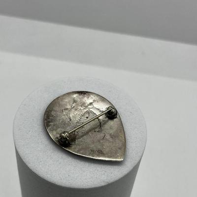 LOT 171: Native American Signed Sterling Silver Brooch / Pin with Turquoise and Coral Inlay Bird Design - 6.6 Grams