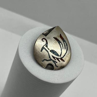LOT 171: Native American Signed Sterling Silver Brooch / Pin with Turquoise and Coral Inlay Bird Design - 6.6 Grams