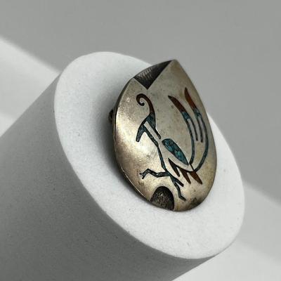 LOT 171: Native American Signed Sterling Silver Brooch / Pin with Turquoise and Coral Inlay Bird Design - 6.6 Grams