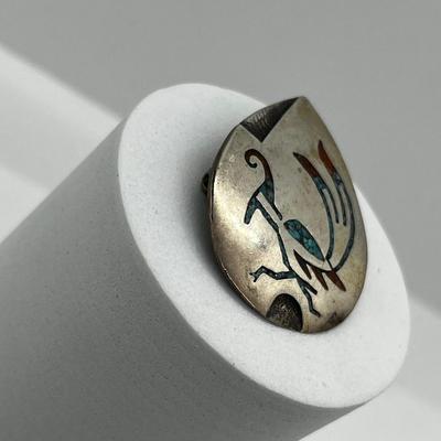 LOT 171: Native American Signed Sterling Silver Brooch / Pin with Turquoise and Coral Inlay Bird Design - 6.6 Grams