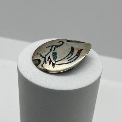 LOT 171: Native American Signed Sterling Silver Brooch / Pin with Turquoise and Coral Inlay Bird Design - 6.6 Grams