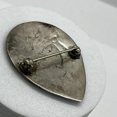 LOT 171: Native American Signed Sterling Silver Brooch / Pin with Turquoise and Coral Inlay Bird Design - 6.6 Grams