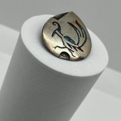 LOT 171: Native American Signed Sterling Silver Brooch / Pin with Turquoise and Coral Inlay Bird Design - 6.6 Grams
