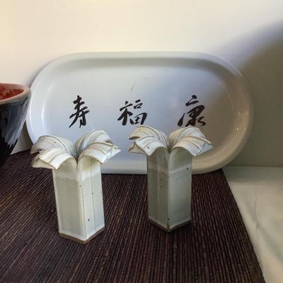 D8074 Oriental Pottery Lot with Silk Flower Green Glass Vase