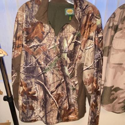 CABELA’S CAMO BUTTON DOWN FLANNEL SHIRT AND SOFT FLEECE PULLOVER .