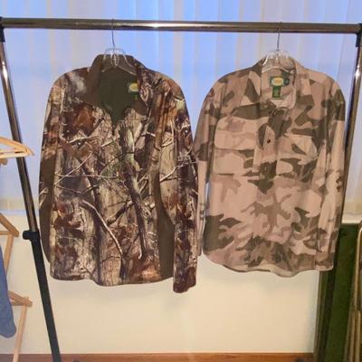 CABELA’S CAMO BUTTON DOWN FLANNEL SHIRT AND SOFT FLEECE PULLOVER .