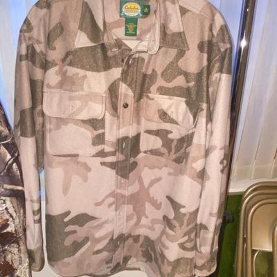 CABELA’S CAMO BUTTON DOWN FLANNEL SHIRT AND SOFT FLEECE PULLOVER .