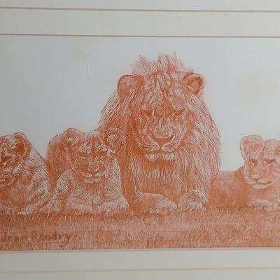Joan Handry Lion with cubs' original artwork with frame