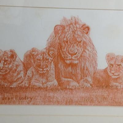 Joan Handry Lion with cubs' original artwork with frame