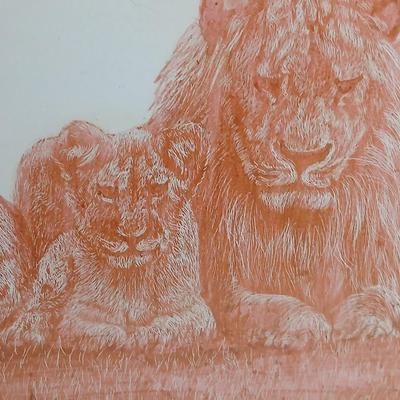 Joan Handry Lion with cubs' original artwork with frame
