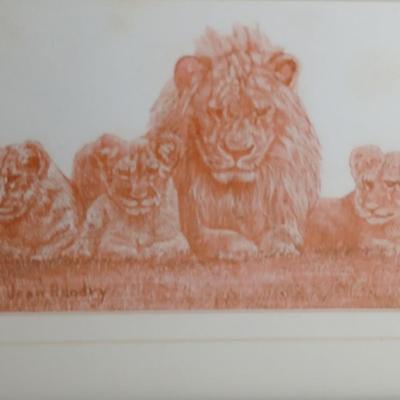 Joan Handry Lion with cubs' original artwork with frame