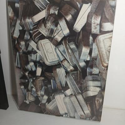 Framed Black and white modern art with close up artwork of cans