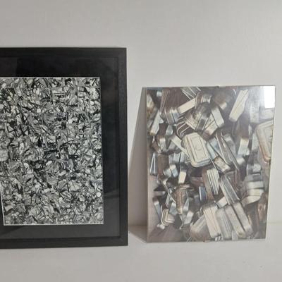 Framed Black and white modern art with close up artwork of cans