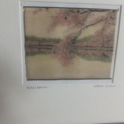 Tidal Basin Cherry tree blooms - signed artwork by Cherle Lester and another framed artwork of up close up dragon fly by Linda Plaistad