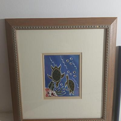 Wall art - Signed and numbered "Peepers in the pool" Rita Troller framed duckling artwork - Two turtles underwater framed batik...