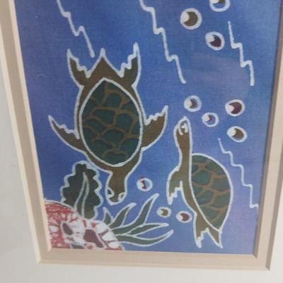 Wall art - Signed and numbered "Peepers in the pool" Rita Troller framed duckling artwork - Two turtles underwater framed batik...