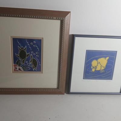 Wall art - Signed and numbered "Peepers in the pool" Rita Troller framed duckling artwork - Two turtles underwater framed batik...