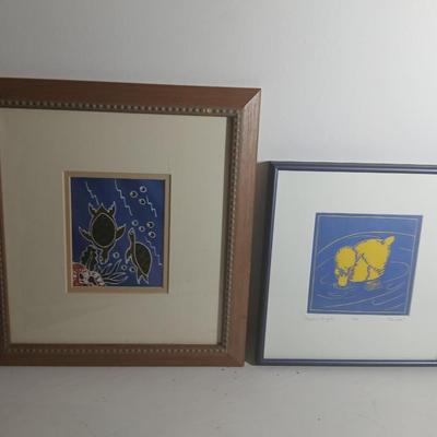 Wall art - Signed and numbered "Peepers in the pool" Rita Troller framed duckling artwork - Two turtles underwater framed batik...