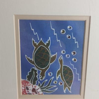 Wall art - Signed and numbered "Peepers in the pool" Rita Troller framed duckling artwork - Two turtles underwater framed batik...
