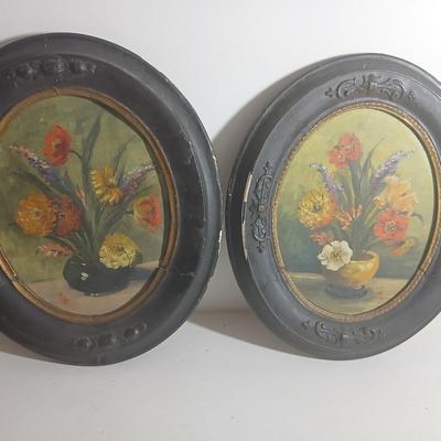 Two matching Antique original paintings in antique oval frames