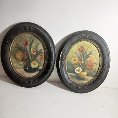 Two matching Antique original paintings in antique oval frames