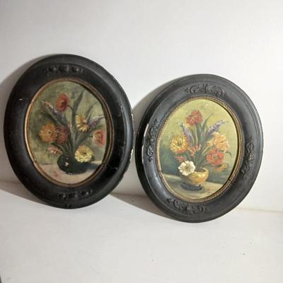Two matching Antique original paintings in antique oval frames