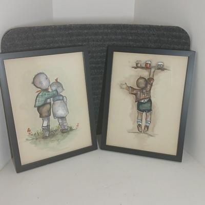 Wall art - Two framed Hummel inspired pictures - Original watercolor paintings by Sandra Thurlow