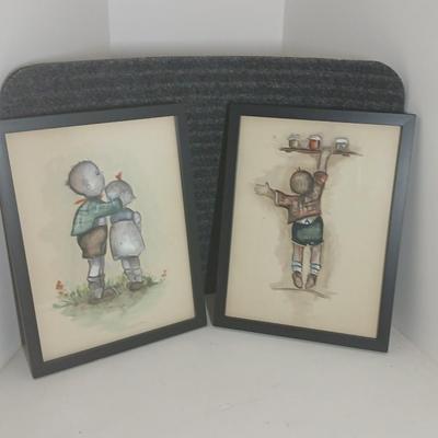 Wall art - Two framed Hummel inspired pictures - Original watercolor paintings by Sandra Thurlow