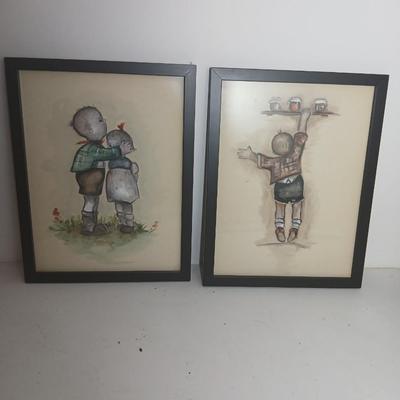 Wall art - Two framed Hummel inspired pictures - Original watercolor paintings by Sandra Thurlow
