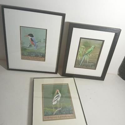 Wall art - three framed bird pictures - from India -