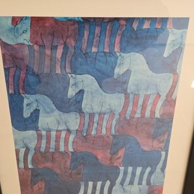 Framed M.C. ESCHER Symmetry drawing E-8 Horses 1988 Blue Interlocking Horses. and Horses in Iceland on canvas
