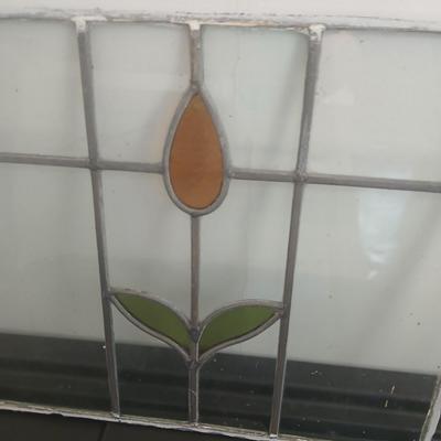 Antique Stained Glass Window Panel Vintage Old Leaded Art Deco Nouveau Flower 13" x 16"