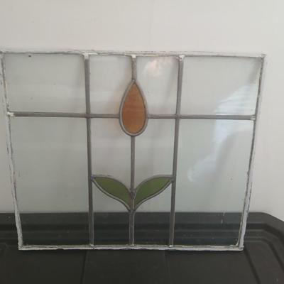 Antique Stained Glass Window Panel Vintage Old Leaded Art Deco Nouveau Flower 13" x 16"