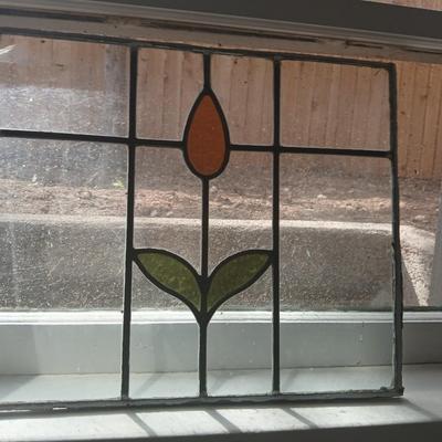Antique Stained Glass Window Panel Vintage Old Leaded Art Deco Nouveau Flower 13" x 16"