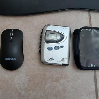 Sony Walkman with case, Insigna Computer speakers, Del Ton ergonomic wireless Keyboard and wireless Arteck mouse