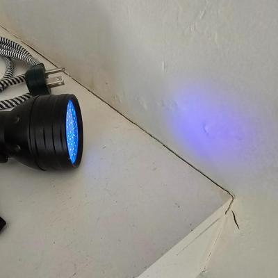 Light bulb storage box with Two extension cords and a blacklight flash light