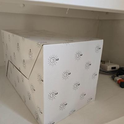 Light bulb storage box with Two extension cords and a blacklight flash light