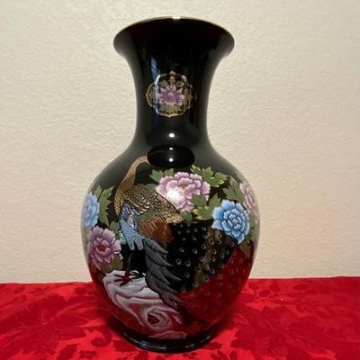 Vintage Japanese black lacquered baluster Vase (Peacock & Floral Decor)