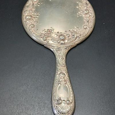 Antique, early 20th century Gorham STERLING SILVER 26 art Nouveau rose repoussé Hand Mirror