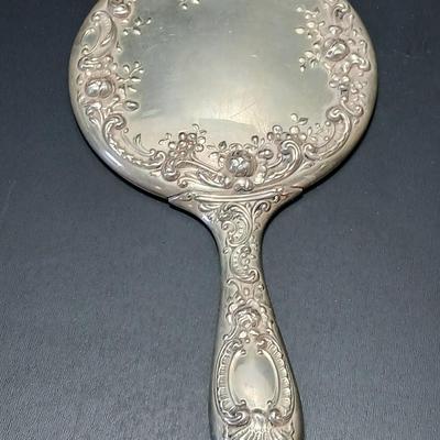 Antique, early 20th century Gorham STERLING SILVER 26 art Nouveau rose repoussé Hand Mirror